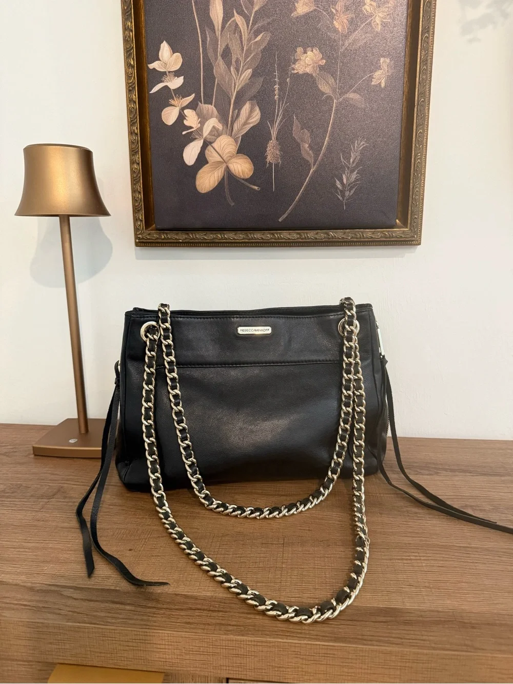 Rebecca Minkoff Black Leather Shoulder Bag with Gold Chain Straps - Picture 1 of 8